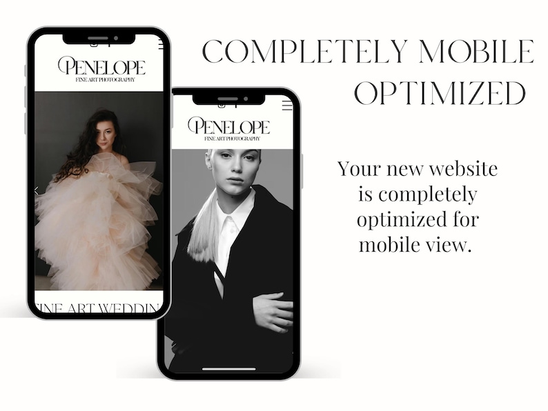 May include: Two mobile phone screens displaying a website for Penelope Fine Art Photography. The website features a black and white photo of a woman wearing a coat and a photo of a woman wearing a tulle dress.