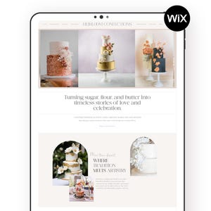 Peut inclure: Une tablette affiche un site web de gâteaux de mariage. Le site présente des images de gâteaux à plusieurs niveaux avec des décorations florales et des accents dorés. Le texte comprend "Heirloom Confections" et "Turning sugar, flour, and butter into timeless stories of love and celebration."