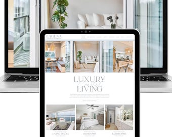 May include: A laptop and a tablet displaying the Laguna Coastal Interior website. The screen shows the text Luxury Coastal Living, with sections for Living Spaces, Bedrooms, and Bathrooms, featuring interior design photography of rooms.