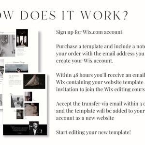 May include: A step-by-step guide on how to purchase and use a Wix website template. The guide includes instructions on signing up for a Wix account, purchasing a template, receiving an email with the template, and accepting the transfer to add the template to your Wix account.