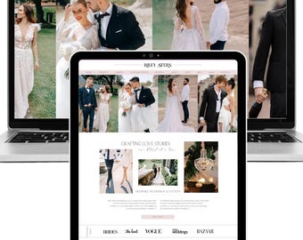 May include: A laptop and a tablet displaying the Riley Stern website, featuring a collection of wedding photography, including images of couples in formal attire, a crystal chandelier, and logos from publications like Vogue and The Knot.