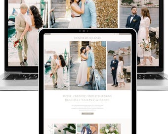 May include: A laptop and tablet displaying the Montecito Events website. The screen features wedding photography, the text 'DETAIL-ORIENTED TIMELESS DESIGNS HEARTFELT WEDDINGS & EVENTS', and navigation links for Brides, The Knot, Vogue, and Bazaar.