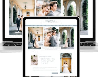 May include: A laptop and a tablet displaying the Seraphina Weddings and Events website. The screens feature photography of couples in formal attire, architectural arches, and event decor, with text including 'Weddings Events Decor' and 'We're with you'.