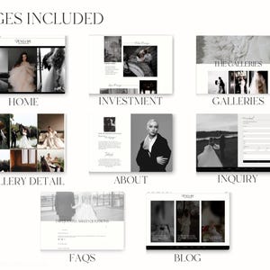 May include: A website design mockup showing the different pages included in a website for a wedding photographer. The pages include Home, Investment, Galleries, Gallery Detail, About, Inquiry, FAQs, and Blog.