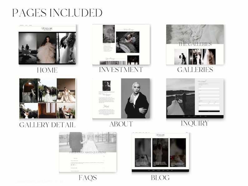 May include: A website design mockup showing the different pages included in a website for a wedding photographer. The pages include Home, Investment, Galleries, Gallery Detail, About, Inquiry, FAQs, and Blog.