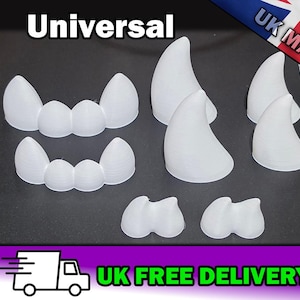 May include: A collection of white, 3D-printed plastic components in various shapes, including two sets of teeth-like structures, four curved horn-like pieces, and two small rounded elements, all arranged on a dark surface with the text Universal.