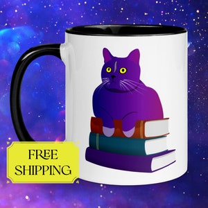 Biblio Kitty Coffee Mug - Cat Lover Work Mug - Book Lover Gift Ideas in Bisexual Flag Colors