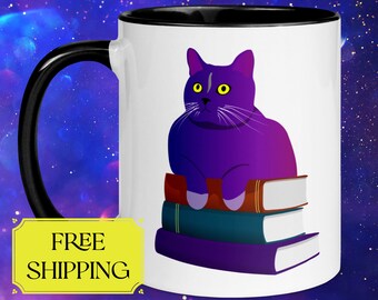 Biblio Kitty Coffee Mug - Cat Lover Work Mug - Book Lover Gift Ideas in Bisexual Flag Colors