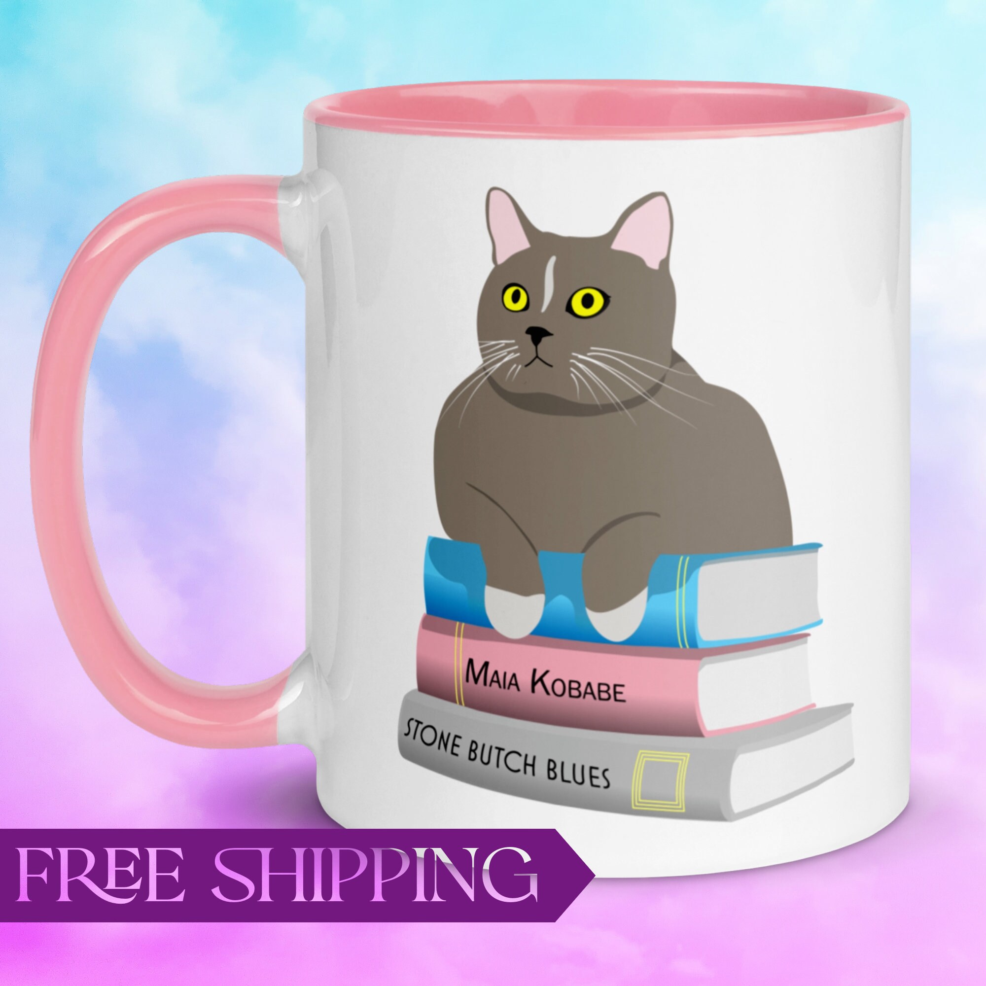 Biblio Kitty Transgender Pride Coffee Mug - Queer Book Lover Pride Mug