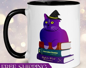 Witchy Biblio Kitty Mug - Halloween Cat Book Lover Coffee Work Mug
