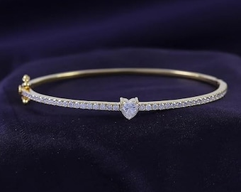 Heart & Round Cut Moissanite Bangle Bracelet For Women In 14K Gold Over Sterling Silver, (VVS1 Clarity, 1.40 To 1.75 Ct)