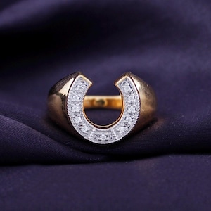 1/10 Carat Round Cut Natural Diamond Horseshoe Statement Ring in 10K Gold or 14K Gold and 14K Gold Plated 925 Sterling Silver