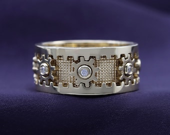 Cogwheel Fidget Spinner Ring, Lab Grown Diamond, 10k/14k Gold or Sterling Silver Wedding Band