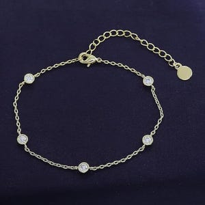 18K Gold Plated 5 Stone Station Link Bracelet | 3MM Moissanite Classic Tennis Bracelet | Bezel-Set 6&quot; + 2&quot; Adjustable Chain Bracelet (1/2ct)