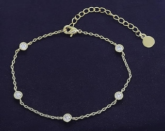 18K Gold Plated 5 Stone Station Link Bracelet | 3MM Moissanite Classic Tennis Bracelet | Bezel-Set 6" + 2" Adjustable Chain Bracelet (1/2ct)