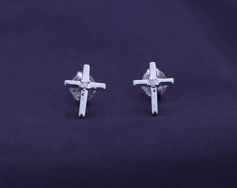 Round Cut Natural White Diamond Accent Cross Stud Earrings for Women's In 10K Gold or 14K Gold and Sterling Silver