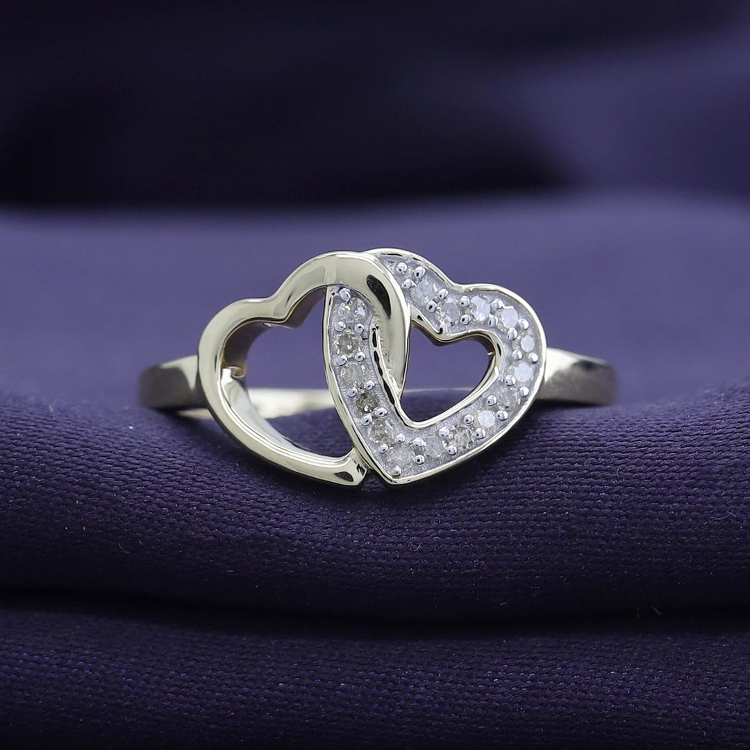 D-GOLD Sterling Silver Triple Heart Diamond Ring – White & Yellow Plated, Round Diamonds (1/10 Cttw)