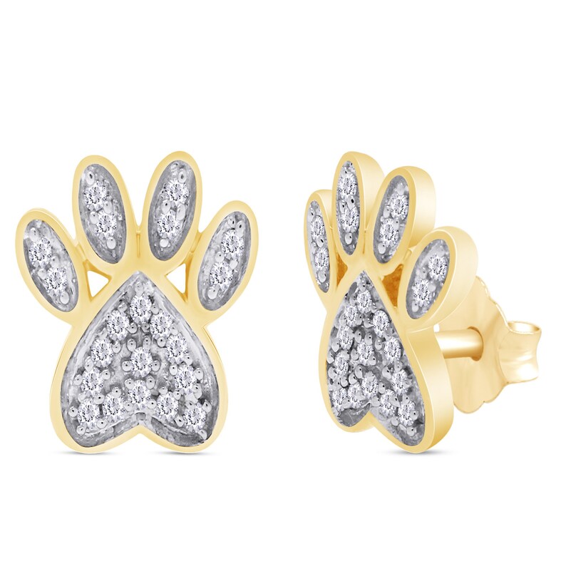 May include: A pair of gold-tone paw print earrings with small diamonds set in the paw print design.