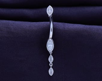 Marquise Moissanite Dangle Belly Ring, Sterling Silver Navel Jewelry