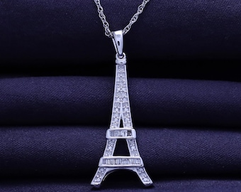 Diamond Eiffel Tower Pendant Necklace, 14K Gold Over Sterling Silver