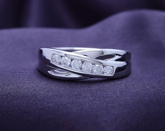 Moissanite Wedding Band, 10K/14K Gold or Sterling Silver Crossover Channel Ring