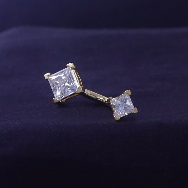 Princess Cut Lab Created Moissanite Diamond Belly Button Navel Ring Body Piercing Jewelry in 10K or 14K Solid Gold and Sterling Silver