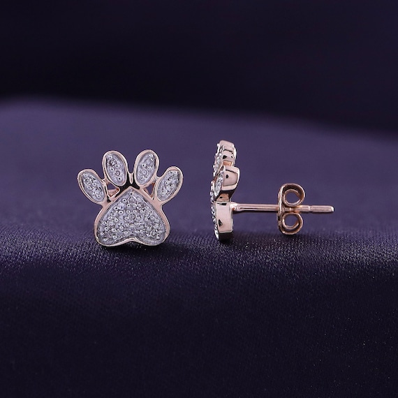 Diamond Paw Print Stud Earrings, 10K/14K Gold or Sterling Silver