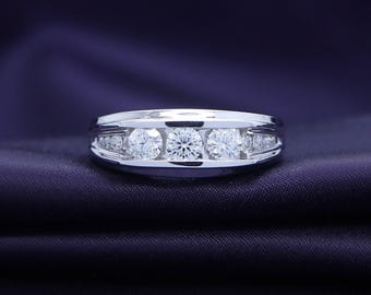 Moissanite 3-Stone Men's Band Ring, Solid Gold & Sterling Silver