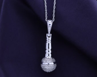 Moissanite Microphone Pendant Necklace, 14K Gold Plated Sterling Silver and 10K or 14K Solid Gold