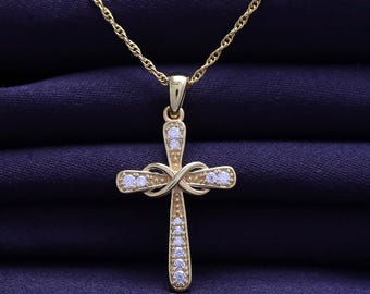 Moissanite Cross Pendant Necklace, 14k Gold Plated Sterling Silver