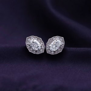 1.10 Carat Oval & Round Cut Lab Created Diamond Moissanite Floral Halo Stud Earrings For Women In 10K Or 14K  Or 925 Sterling Silver