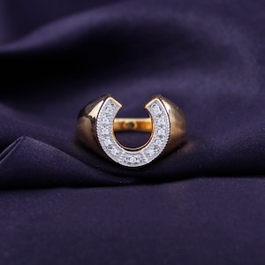 1/10 Carat Round Cut Lab Created Moissanite Diamond Horseshoe Statement Ring in 10K Gold or 14K Gold and 14K Gold Plated 925 Sterling Silver