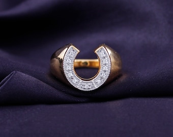 1/10 Carat Round Cut Lab Created Moissanite Diamond Horseshoe Statement Ring in 10K Gold or 14K Gold and 14K Gold Plated 925 Sterling Silver