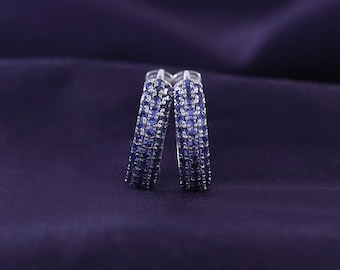 Blue Sapphire Huggie Hoop Earrings, Sterling Silver, 14K Gold Plated