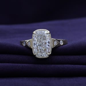 Cushion Cut Moissanite and Lab Grown Diamond Engagement Ring, Vintage Inspired Gold Ring with Side Stones 10K/14K Gold and Sterling Silver