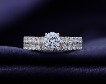 Bridal Ring Set For Women Center 5.5MM 2.00 Carat Round Lab Grown Diamond Engagement Wedding Rings Set In 925 Silver and 10K or 14K Gold