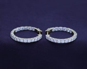 Moissanite Inside Outside Hoop Earrings: 14K Gold Over Sterling Silver, 3 Cttw