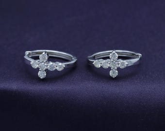 Moissanite Cross Huggie Hoop Earrings, Sterling Silver, 1CT