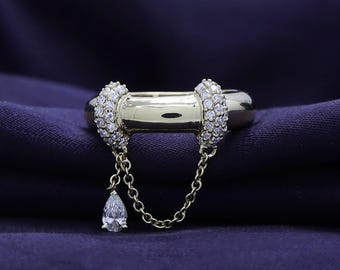 Lab Grown Diamond Drop Chain Statement Ring: 10K/14K Gold, Sterling Silver