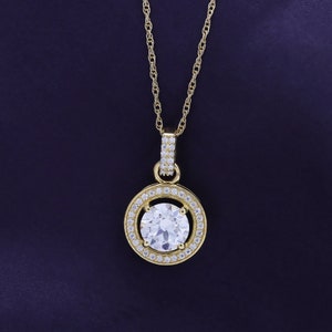 2 Carat Round Cut Lab Created Moissanite Halo Pendant Necklace in 10K Or 14K Solid Gold and 925 Over Sterling Silver With 18 Inch Rope Chain