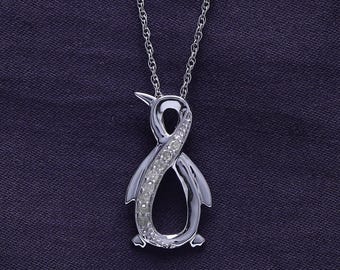 1/10 Ct Weißer Naturdiamant Pinguin Infinity Anhänger Sterling Silber / 10K Gold Valentinstag Geschenk für Sie