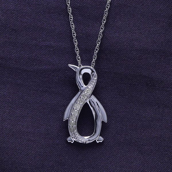 Diamond Penguin Infinity Pendant Necklace, Sterling Silver or Gold