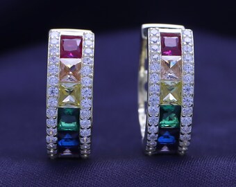 Rainbow Cubic Zirconia Hoop Earrings, 14K Gold Plated Sterling Silver