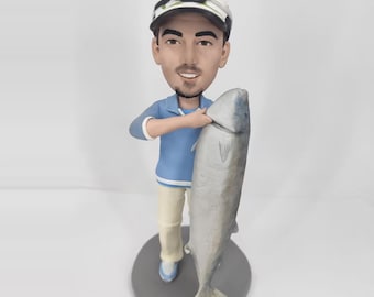 Muñeco cabezón de pescador personalizado, muñeco cabezón de experto en pesca, esculturas de pescador, recuerdo/premio exclusivo de pescador personalizado, regalos de pescador