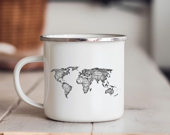 White enamel mug “World Map” (350 ml) | mug with world map | gift for travel enthusiasts | printed on both sides