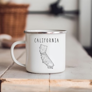 Weiße Emaille-Tasse "California mit Karte" (350 ml) | Tasse mit Landkarte, Kalifornien | Geschenk für Reiselustige | Beidseitig bedruckt