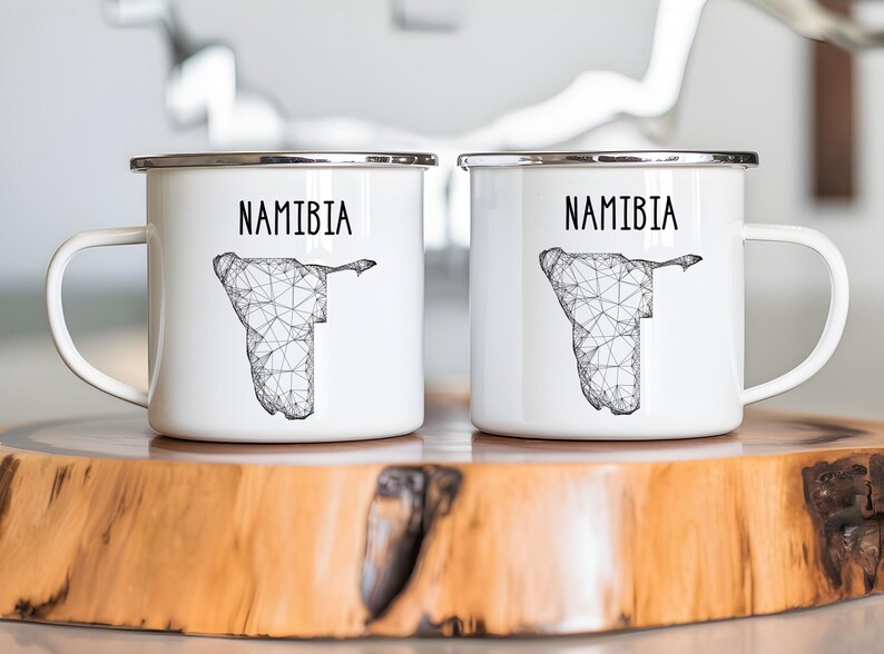 Weiße Emaille-Tasse "Namibia mit Karte" (350 ml) | Tasse mit Landkarte, Afrika | Geschenk für Reiselustige |  beidseitig bedruckt