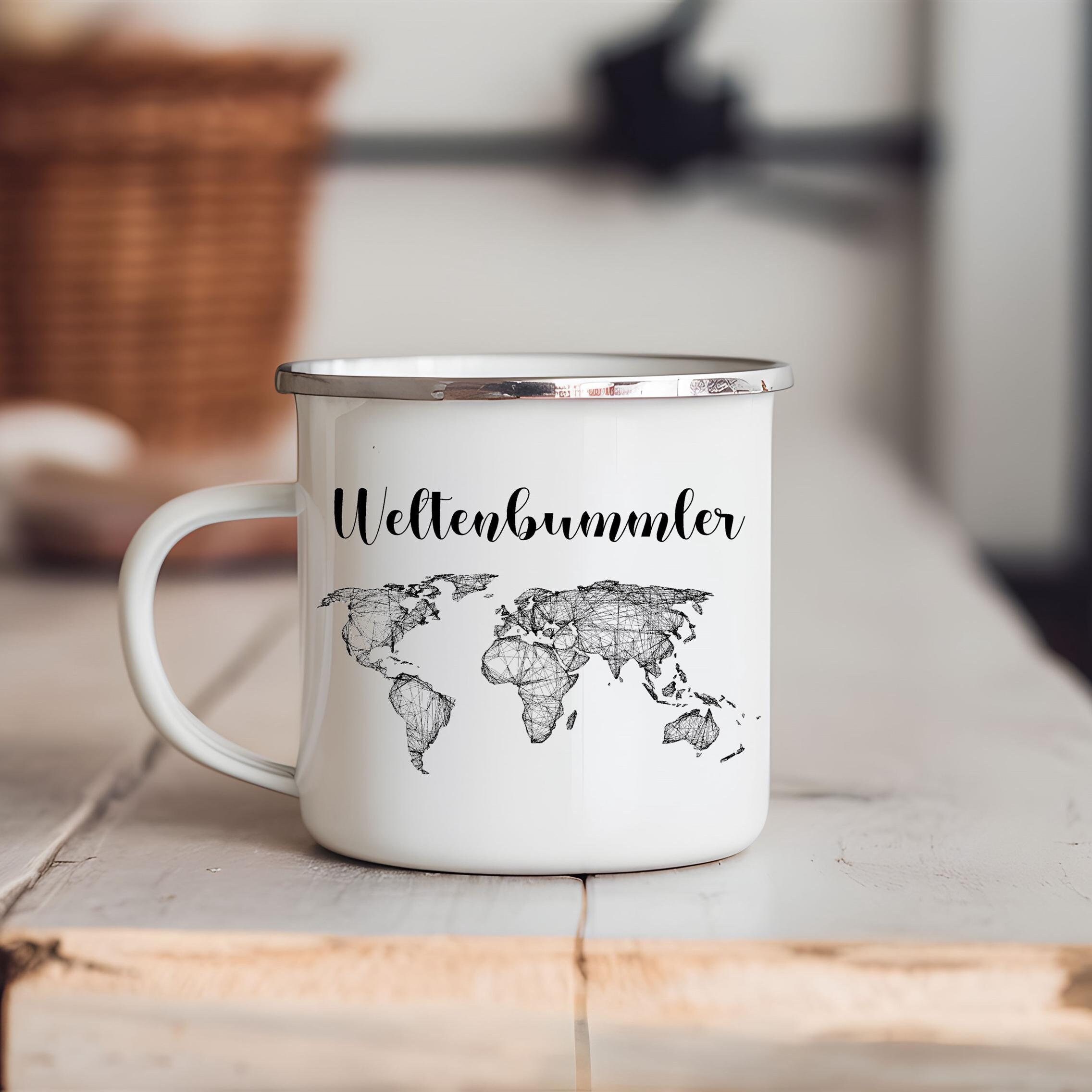 White enamel mug “Weltenbummler and world map” (350 ml) | Mug with world map | Travel gift | Printed on both sides