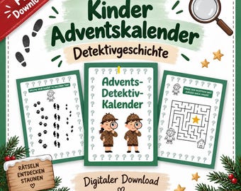 Calendario de Adviento infantil en PDF | Historia de detectives para niños de 4 a 6 años | 24 días de puzles y actividades | Calendario de Navidad imprimible