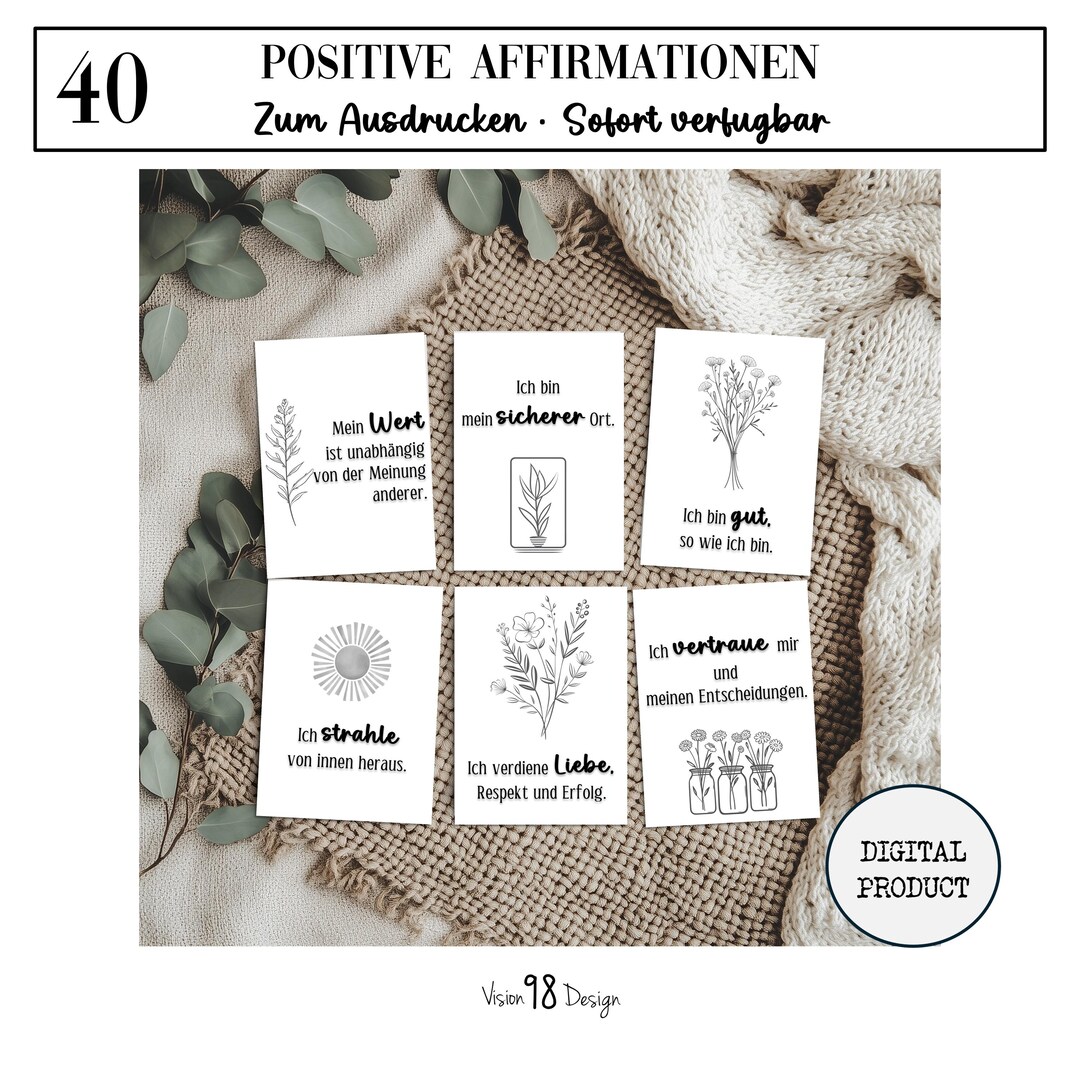 40 Affirmationskarten zum Ausdrucken – Achtsamkeit Karten PDF ...
